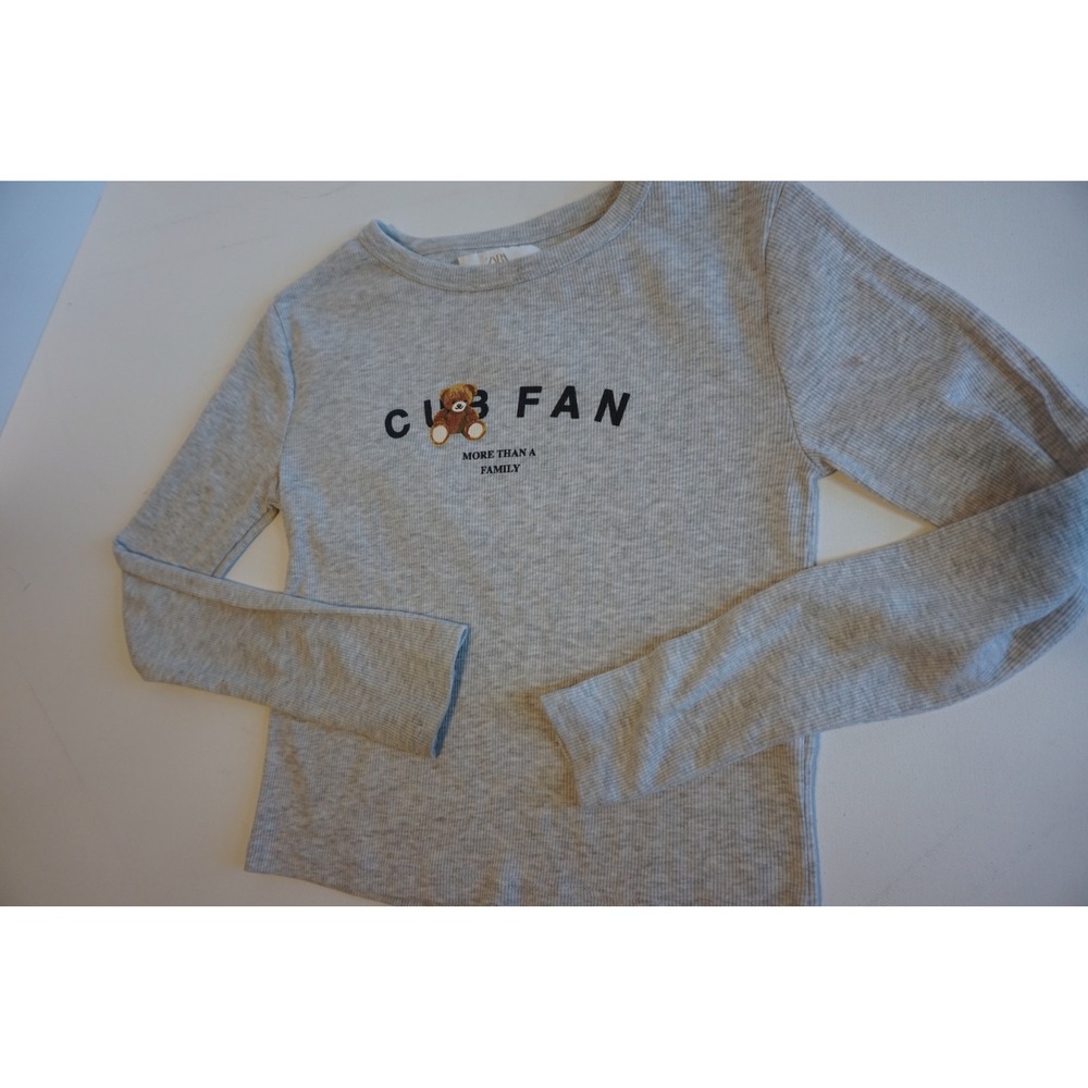 Zara Kids Gray Ribbed Long Sleeve Club Fan Teddy Bear Graphic Top Size 11-12